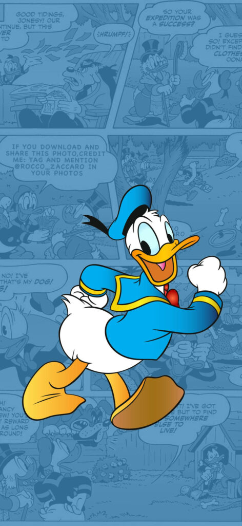 Donald Duck classic sailor outfit vibrant wallpaper with comic scenes and speech bubbles background