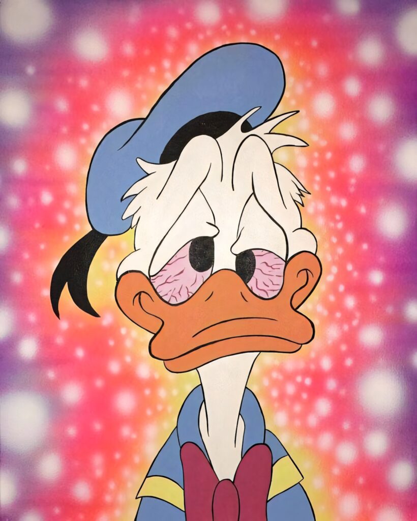Donald Duck with droopy eyes dazed expression colorful weed themed wallpaper background