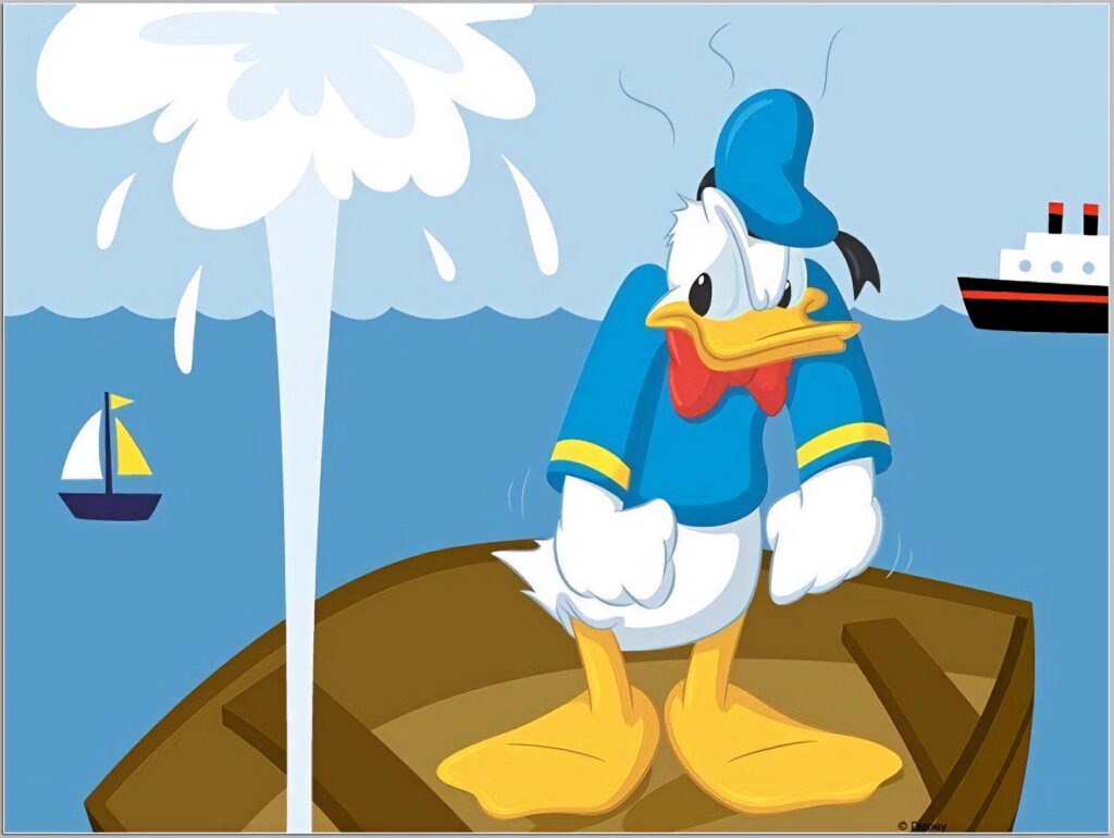 Donald Duck frustrated on sinking boat with water spouting sea ships wallpaper background