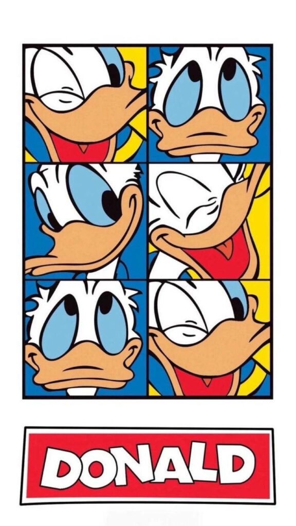 Donald Duck comic grid wallpaper with funny troubled expressions and bold Donald logo background