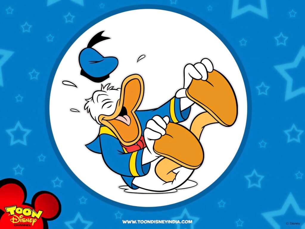 Donald Duck laughing joyfully on bright blue star patterned playful wallpaper background