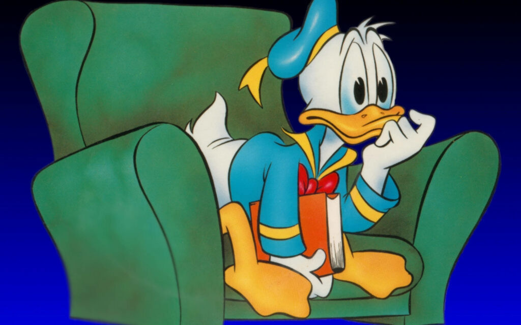 Donald Duck reading book on green sofa against simple blue background wallpaper image