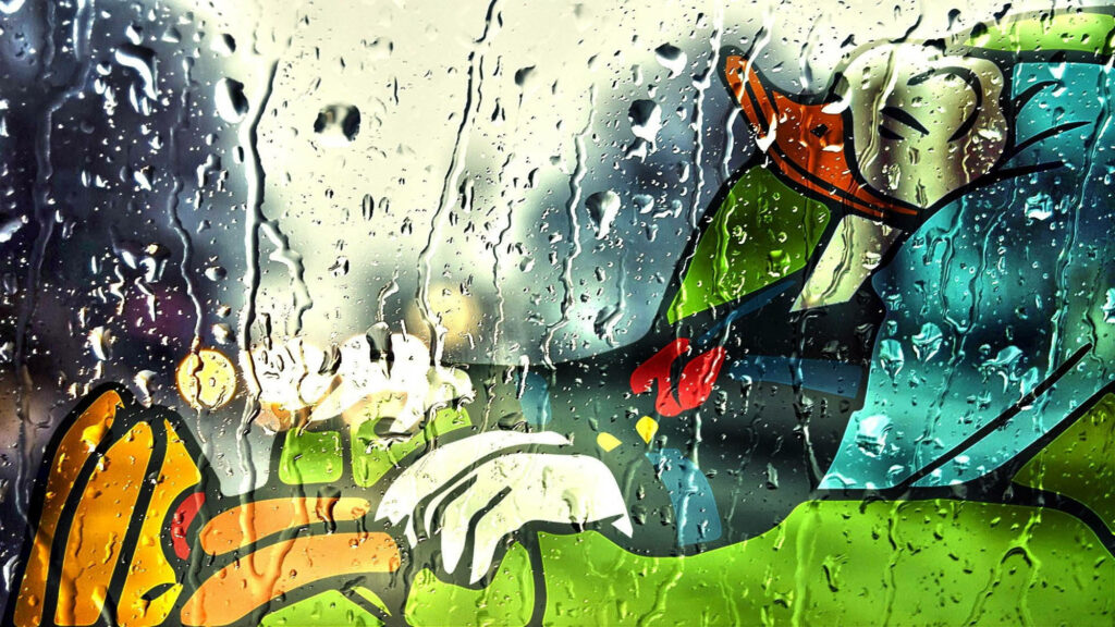 Donald Duck relaxing indoors seen through rain-soaked window with water droplets wallpaper