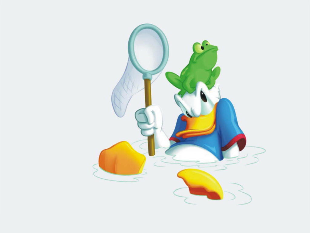 Donald Duck surprised in puddle with green toad on head holding net soggy clothes wallpaper background