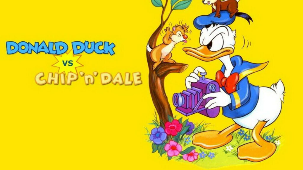 Donald Duck with camera and playful Chip and Dale on bright yellow Chip n Dale Rescue Rangers wallpaper