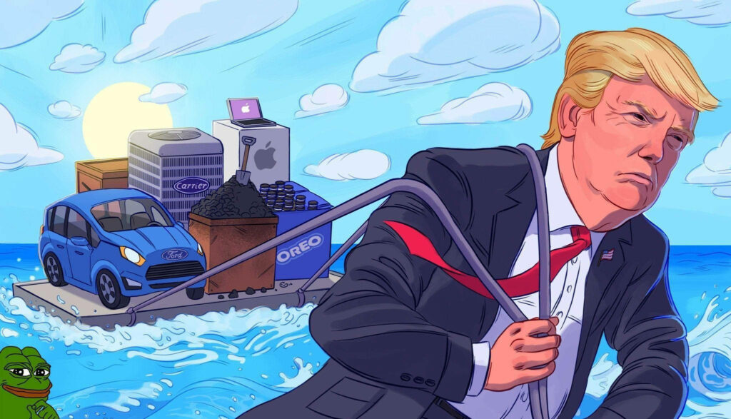 Cartoon wallpaper of Donald Trump pulling raft with car electronics Oreo cookies vibrant bold art
