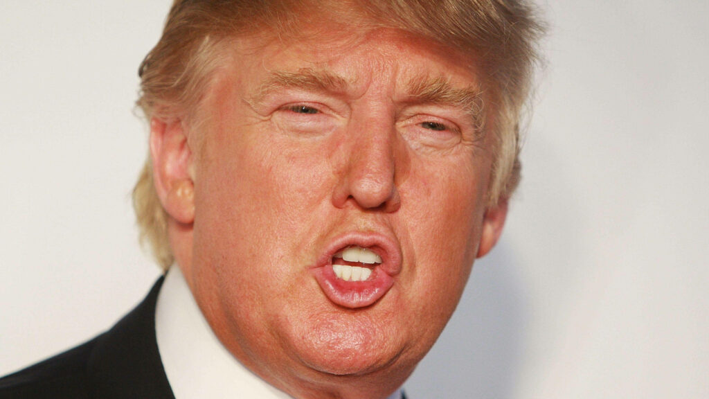 Close-up portrait of Donald Trump pursing lips in formal attire with natural lighting wallpaper