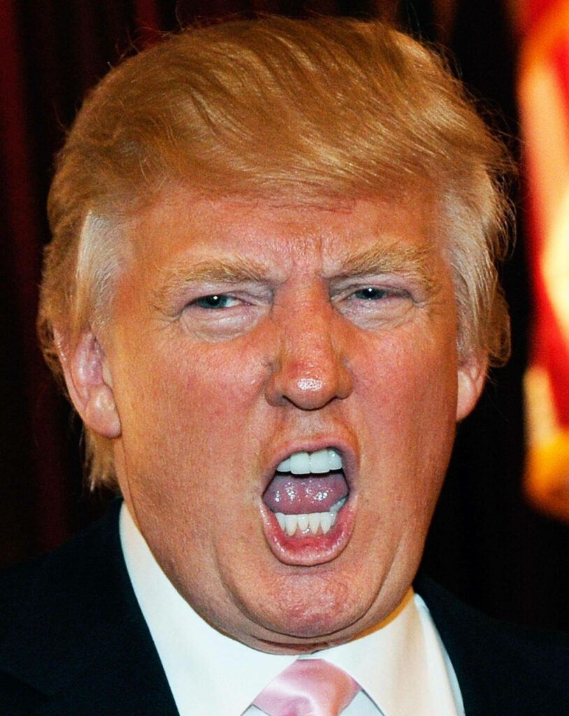 Donald Trump mid-yell with intense angry expression vivid detailed face wallpaper background