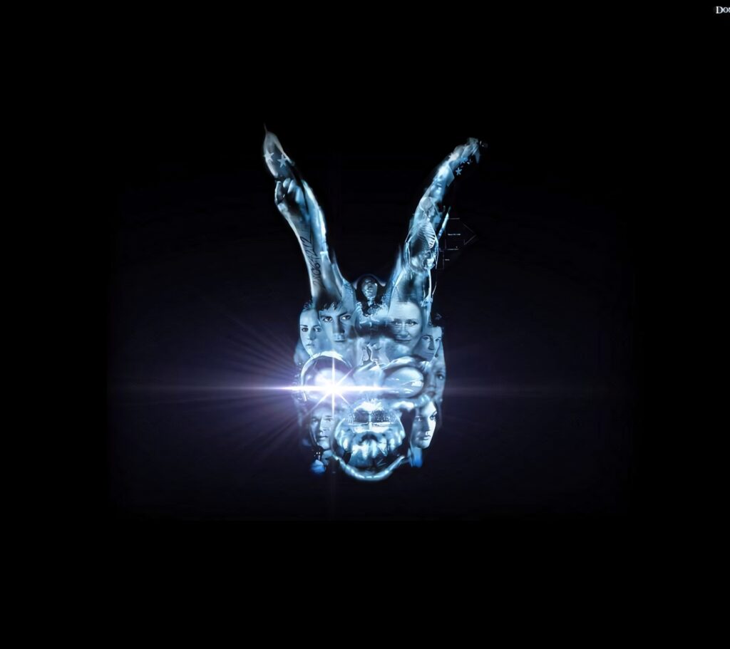 Surreal Donnie Darko Frank the Rabbit metallic mask with layered faces and glowing center background Wallpaper