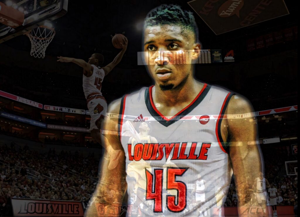 Donovan Mitchell Louisville basketball digital art wallpaper intense dunk action arena crowd