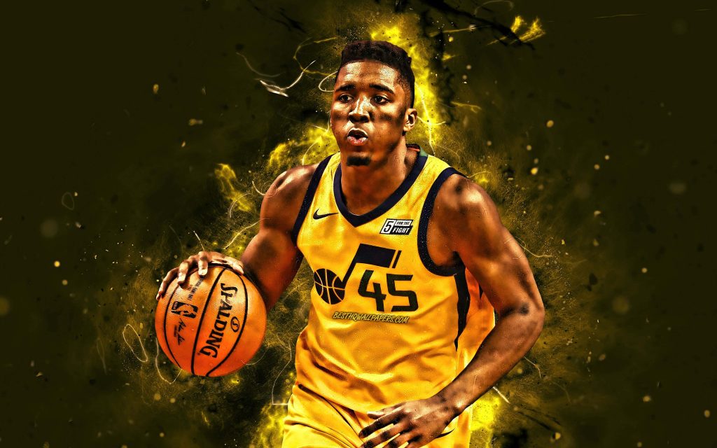 Donovan Mitchell Utah Jazz dribbling with yellow lightning energy digital basketball wallpaper