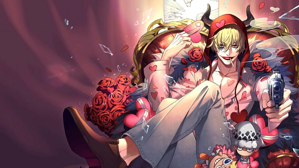 Donquixote Doflamingo anime art with red roses heart motifs flamboyant Pirate King wallpaper