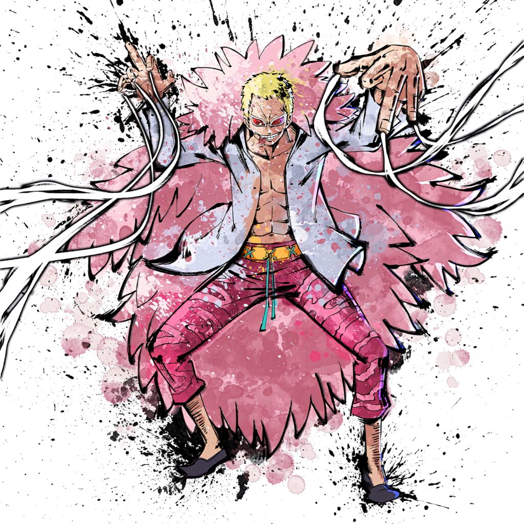 Donquixote Doflamingo vibrant wallpaper fierce One Piece pirate leader in bold pink and red tones