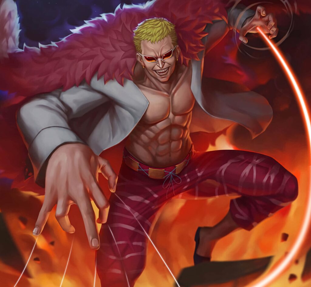 Donquixote Doflamingo One Piece wallpaper with pink coat fiery background and intense lighting