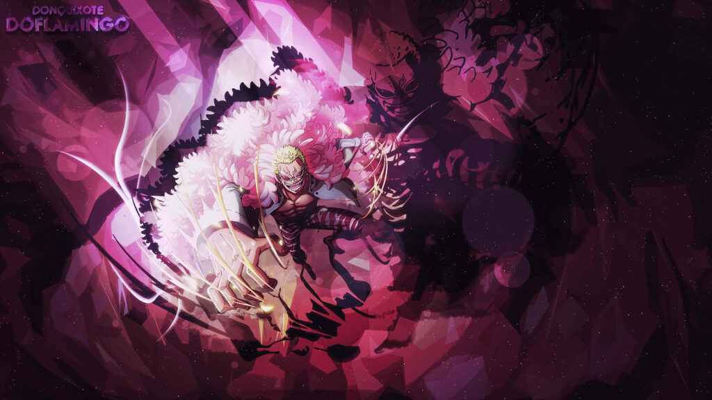 Donquixote Doflamingo dynamic pose pink purple hues abstract energy effects wallpaper background