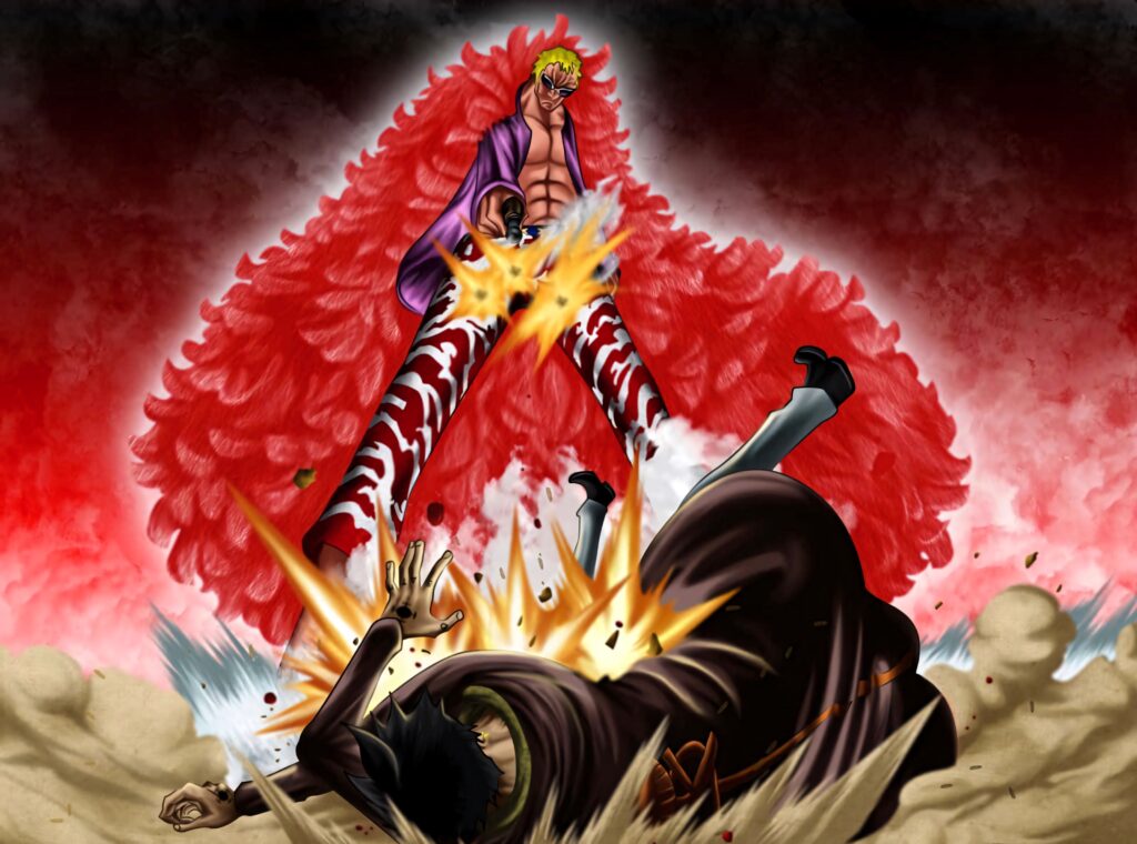Donquixote Doflamingo battling Trafalgar Law intense One Piece anime wallpaper background