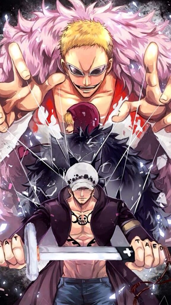 Donquixote Doflamingo menaces Trafalgar Law with strings in intense One Piece anime wallpaper