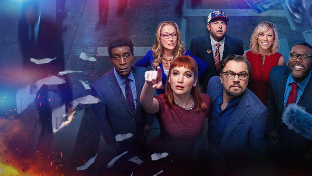 Don’t Look Up Movie Wallpaper: Intense Cast Group Pose Design