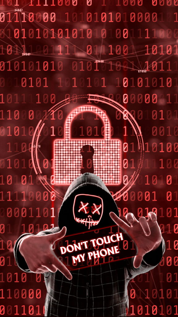 Hooded hacker with glowing red mask and neon padlock on dark binary code phone lock screen wallpaper