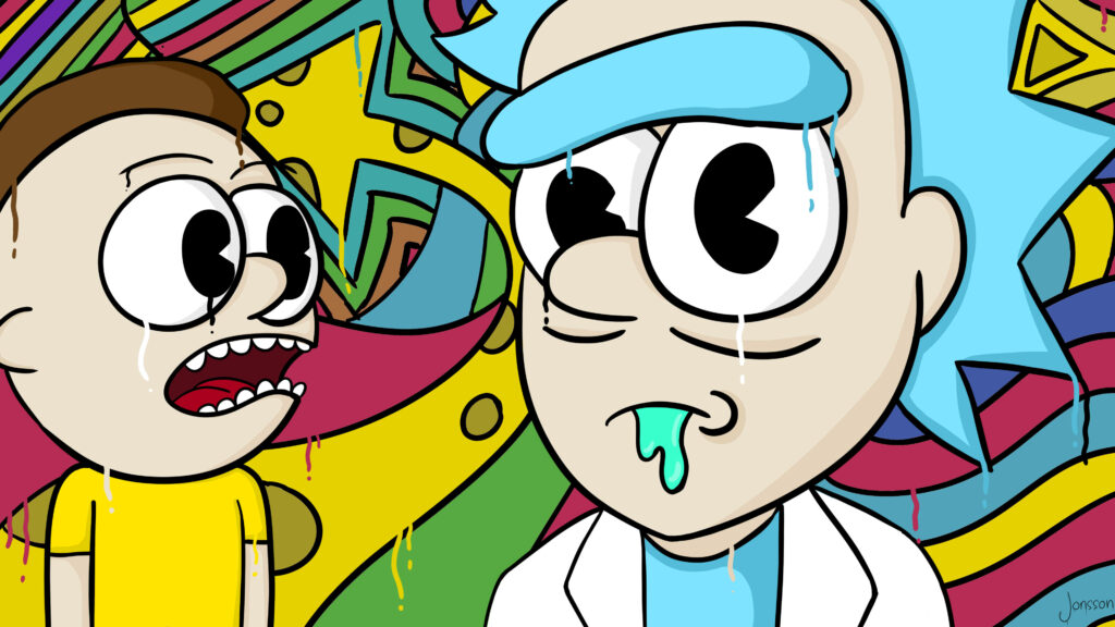 Trippy Adventures: A Vibrant Doodle Art Wallpaper featuring Rick And Morty