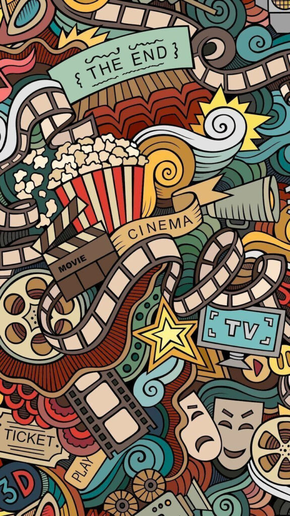 Vibrant 4K phone wallpaper with playful cinema doodles popcorn reels masks clapperboard vintage signs