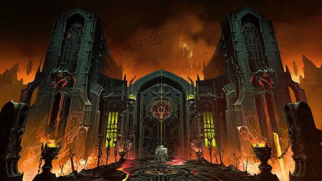 Doom Slayer stands before towering gothic Hell gates with fiery lava and skull architecture Wallpaper