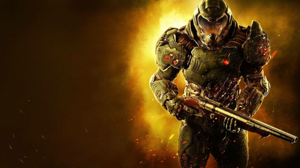 Doomguy Unleashed: Armored Avenger with Shotgun in Epic HD Wallpaper