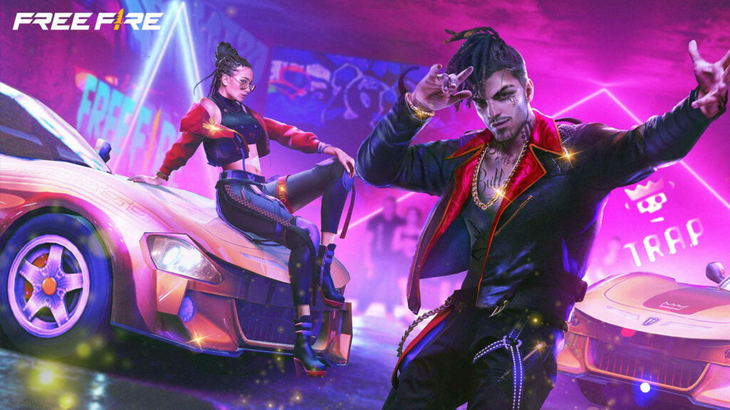 Urban Legends Unite: Hip-Hop Icons Exude Swag Next to Sleek Rides in Front of Kaleidoscopic Club – Free Fire's Hip Hop Bundle Spectacle Wallpaper