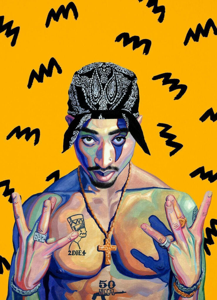 Iconic Tupac immortalized in stunning digital art, radiating cool vibes against a vibrant yellow iPhone theme backdrop Wallpaper