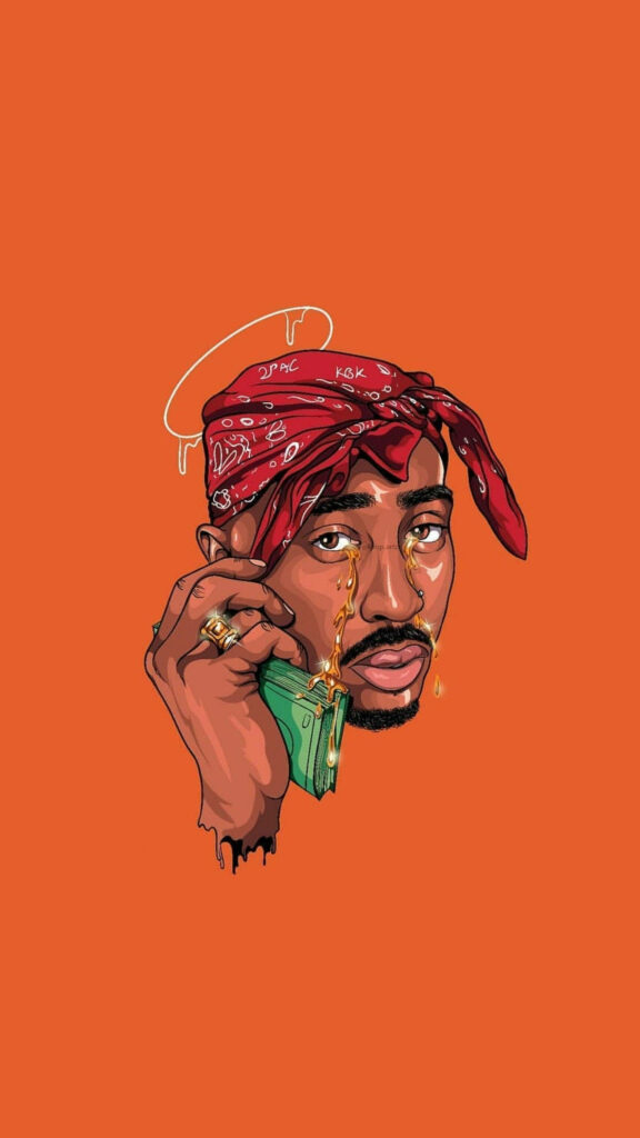 Legendary Tupac Rocking a Red Bandana in a Vibrant Digital Artwork Designed for iPhone Wallpaper