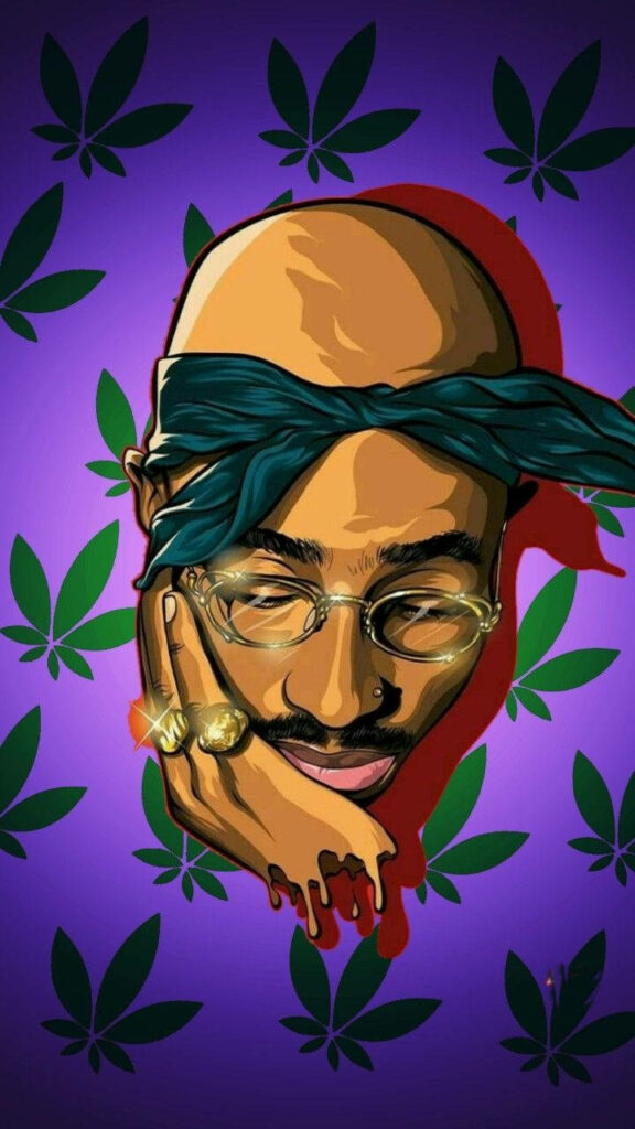 Purple Majesty: Vibrant Tupac with Botanical Fingers - Captivating iPhone Screensaver Wallpaper