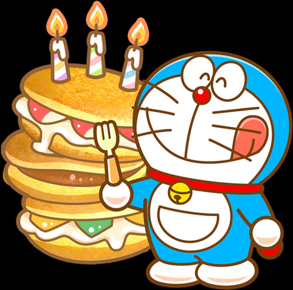 Festive Doraemon Wallpaper: Cheerful Pancake Cake Celebration
