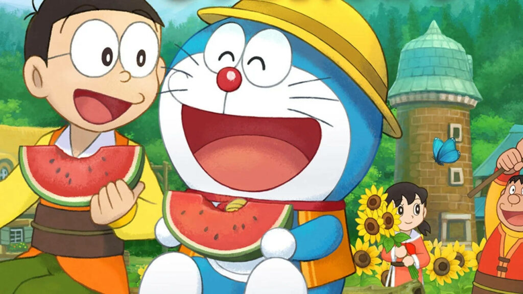 A Summer Adventure: Doraemon and Nobita Enjoying Watermelon on a Sunny Farm, while Shizuka Harvests Sunflowers - Captured in Stunning 4K Wallpaper