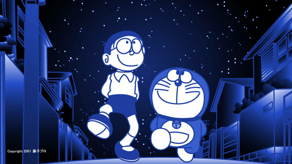 Nostalgic Night Stroll: Doraemon & Nobita in a 1920x1080 4k Anime Wallpaper