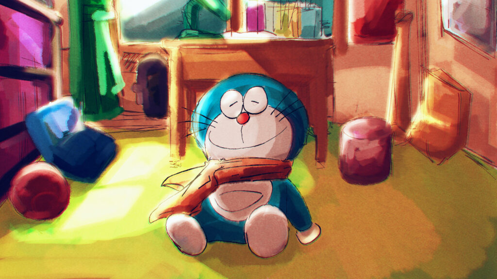 Doraemon's Cozy Room: A High-Resolution 4k Wallpaper of Doraemon Leaning on a Table
