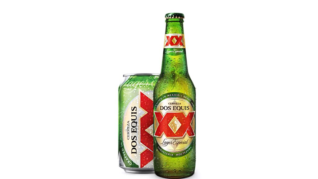 Dos Equis beer bottle and can with red double X logo on white background wallpaper