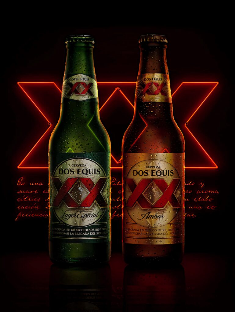 Two Dos Equis Lager Especial and Ambar bottles with glowing neon XX sign vibrant wallpaper