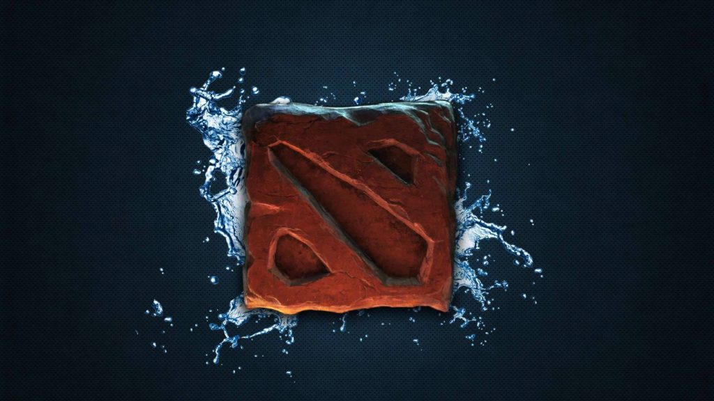Dota 2 3D wallpaper with rugged stone logo and water splashes on dark textured background