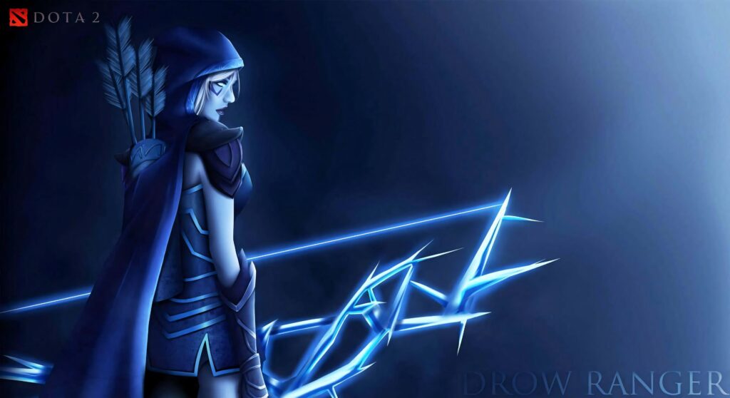 Drow Ranger from Dota 2 in blue-lit mystical forest with glowing bow fantasy digital art wallpaper