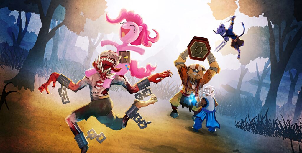 Earthshaker Zeus Riki and Pinkie Pie team up in vibrant mystical forest Dota 2 and My Little Pony crossover wallpaper