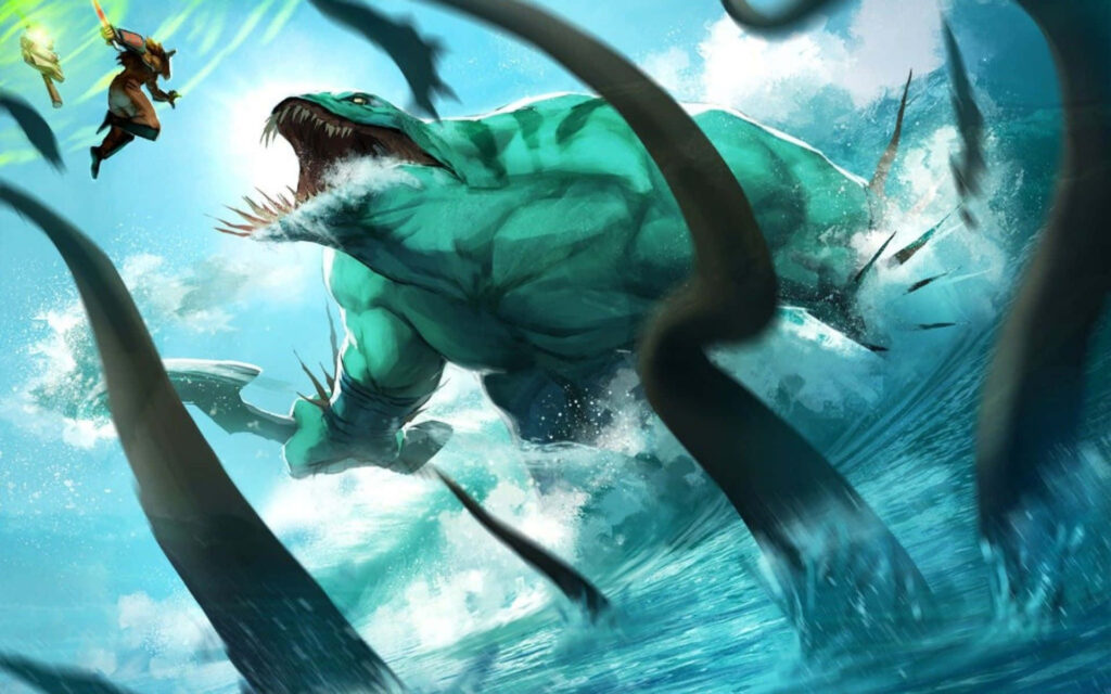 Dota 2 Clash: Juggernaut Soaring Through the Skies in an Epic Duel with Tidehunter Wallpaper