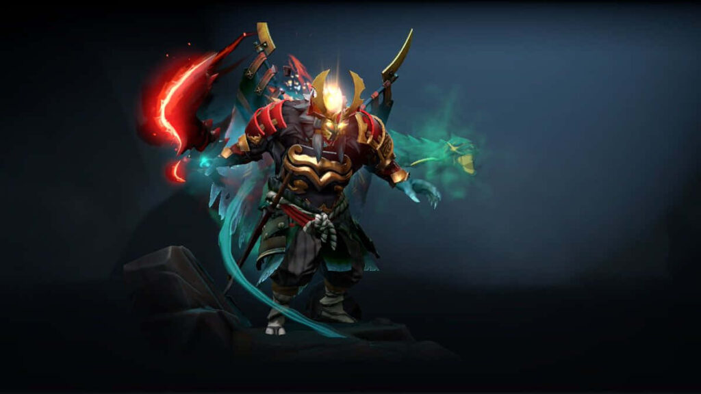 The Majestic Juggernaut: A Golden-clad Melee Warrior wields a Fiery Blade amidst a Captivating Backdrop Wallpaper