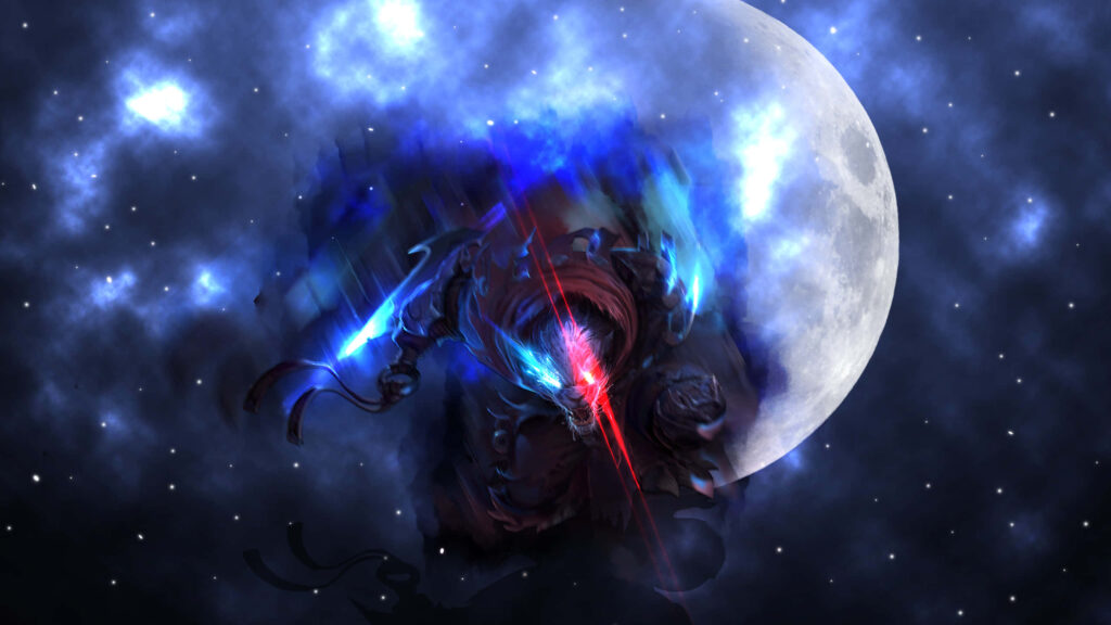 Dota 2's Intense Encounter with Rengar's Fiery Gaze Wallpaper