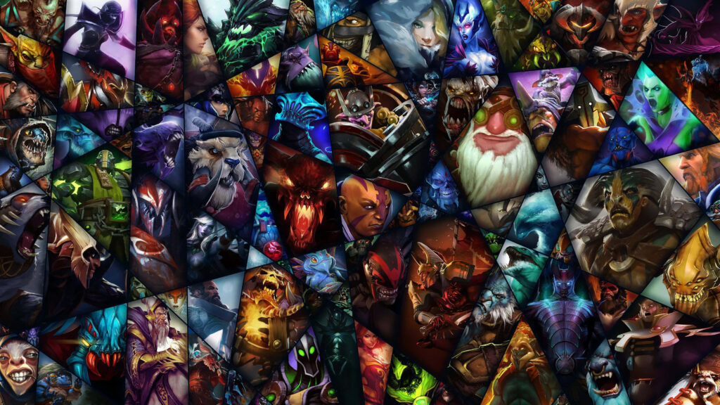 Dazzling Dota 2 Heroes in Triangular Delight: Mesmerizing 4K Background Image with Striking Black Lines Wallpaper