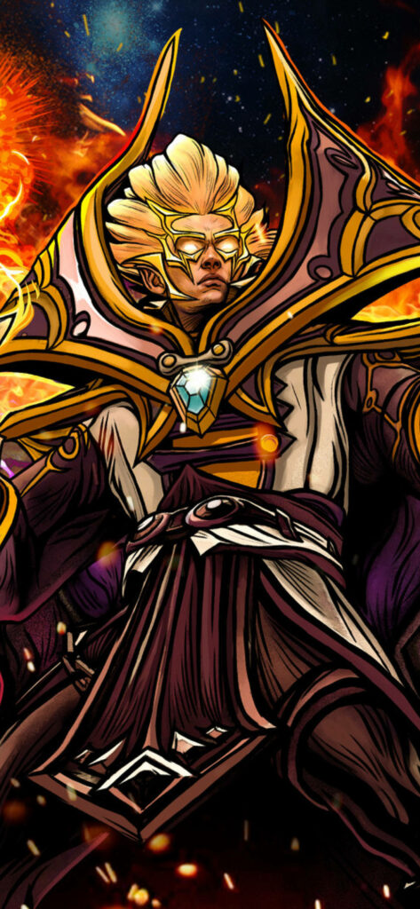 Flaming Master: Digital Art of Dota 2's Hero, Carl the Invoker, Embraced by a Golden Armor Wallpaper