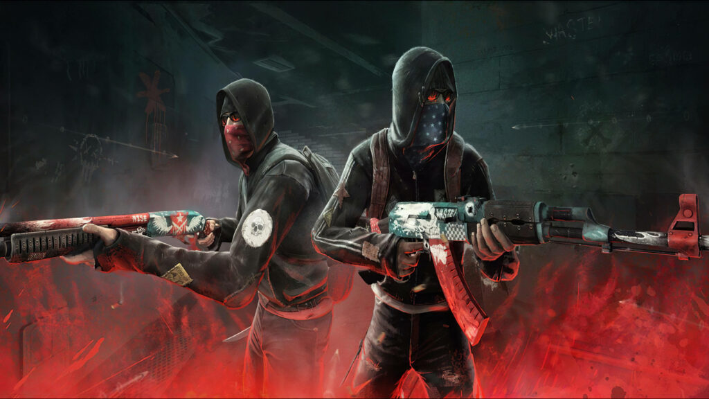 Dual Dark Guardians: Hooded CS Go Soldiers Amidst Enigmatic Red Graffiti Wallpaper