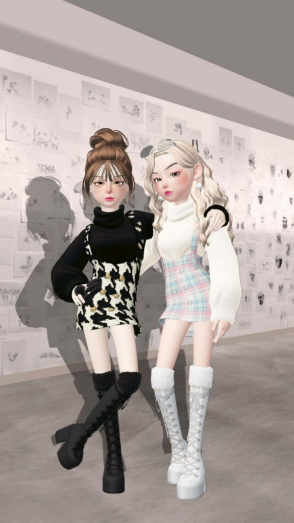 Contemporary Fashionistas Strike a Pose in Chic Knitwear Surrounded by Monochrome Artwork - Zepeto Snapshot Wallpaper