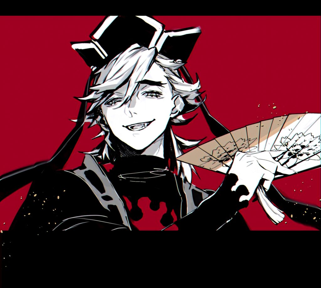 Douma demon leader in monochrome anime style with red background holding decorated fan wallpaper