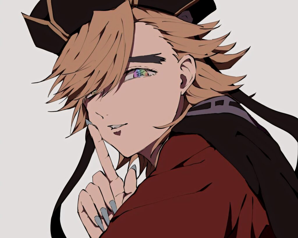 Douma from Demon Slayer shushing with colorful eyes on pastel minimalist anime wallpaper background