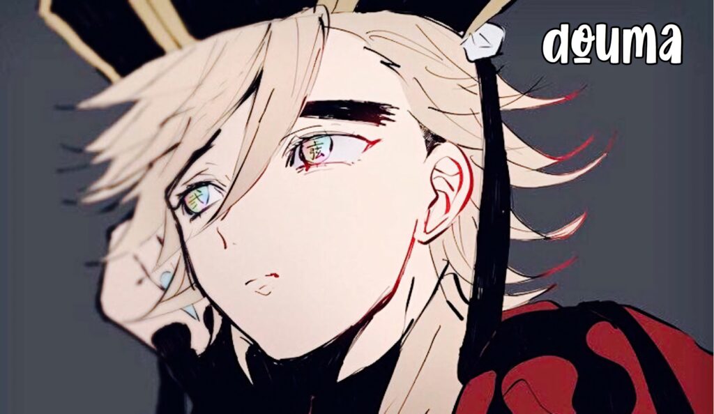 Douma Demon Slayer wallpaper anime style pastel colors green eyes pale hair dark background
